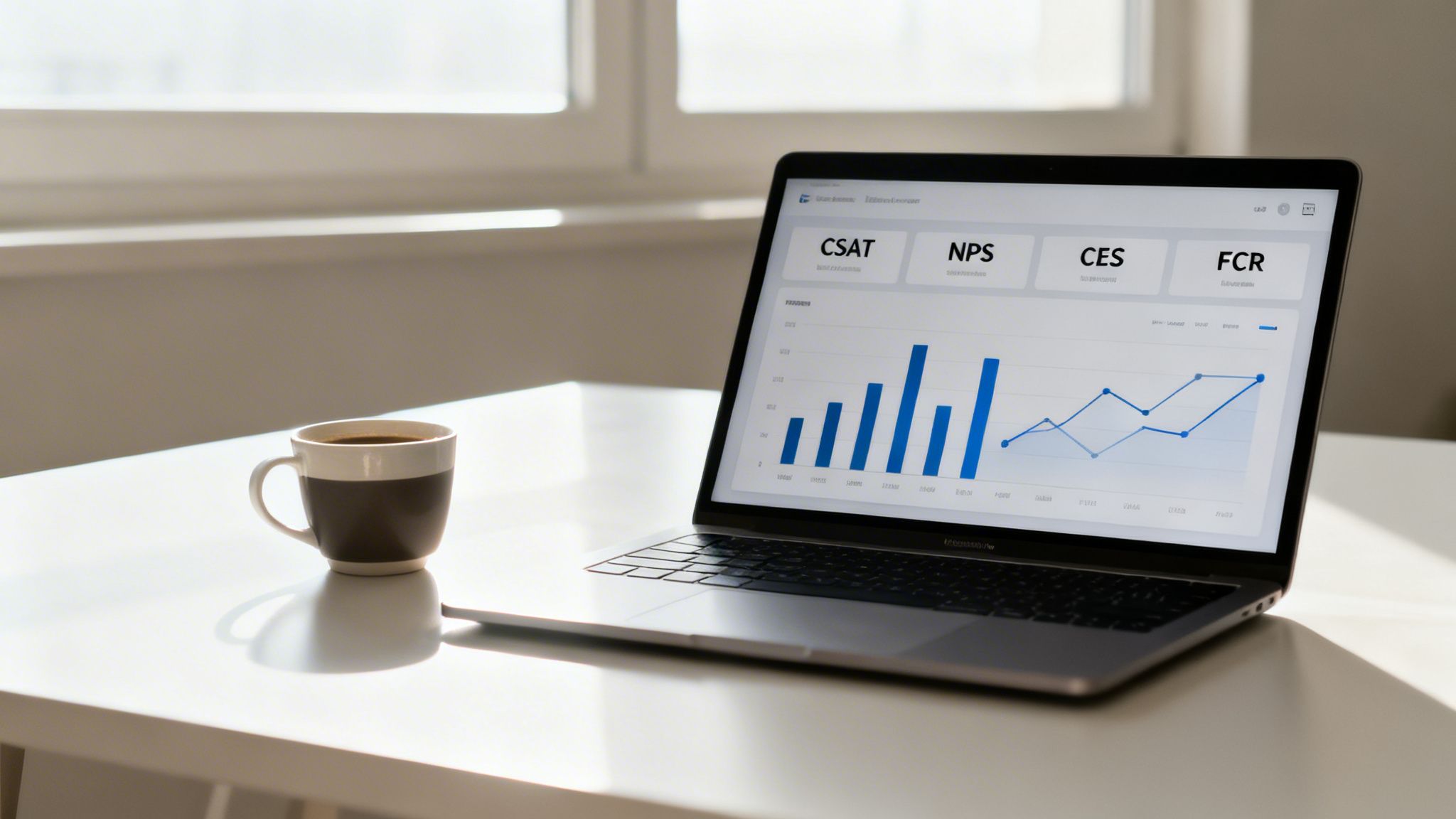 Laptop displaying a customer service dashboard with CSAT, NPS, CES, FCR metrics and graphs, next to a coffee cup.