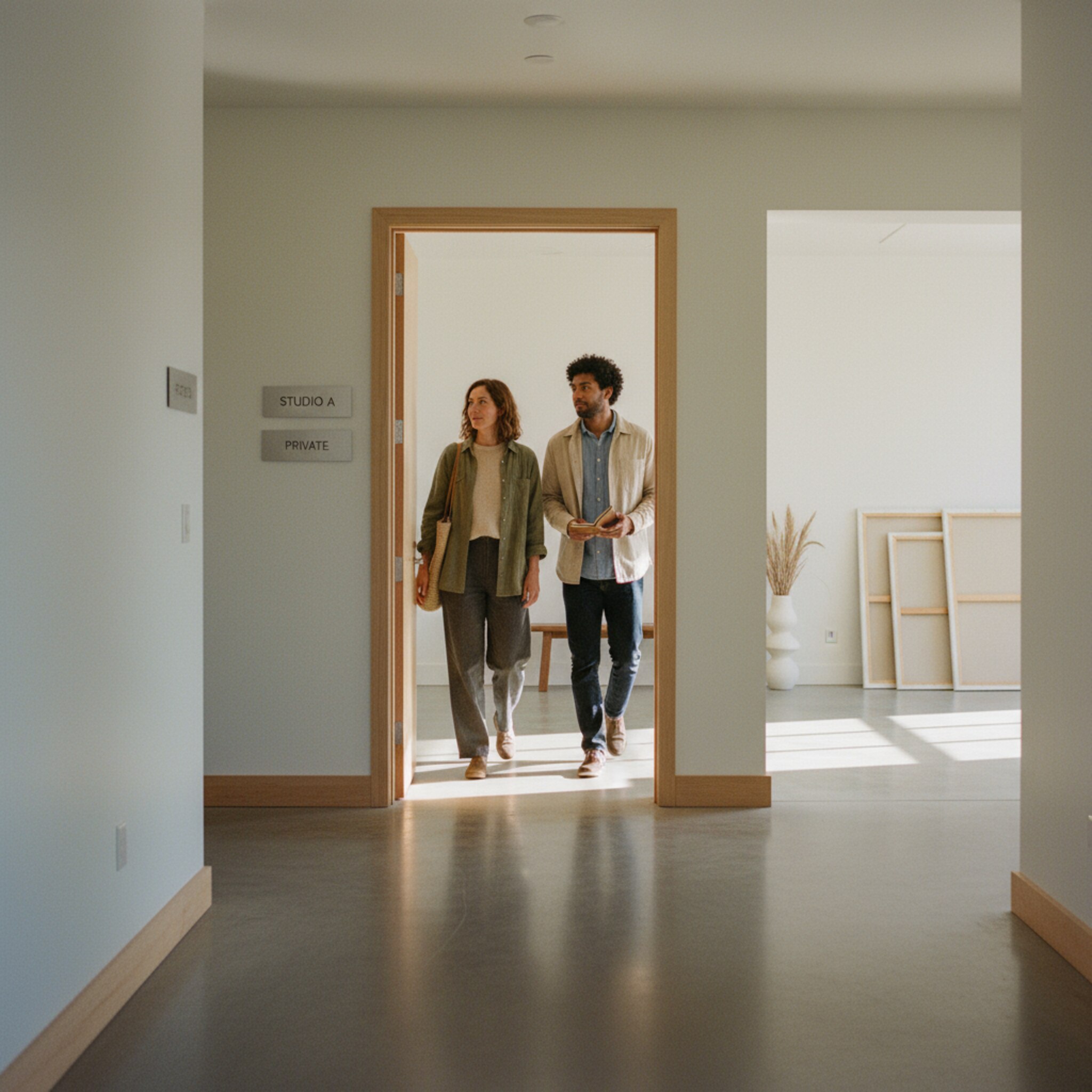 Ein Flur mit klarer Beschilderung und einer offenen Studiotür, durch die sanftes Tageslicht fällt. Zwei Personen treten ein und schauen sich ruhig im Raum um. Der Moment wirkt geordnet, freundlich und einladend.