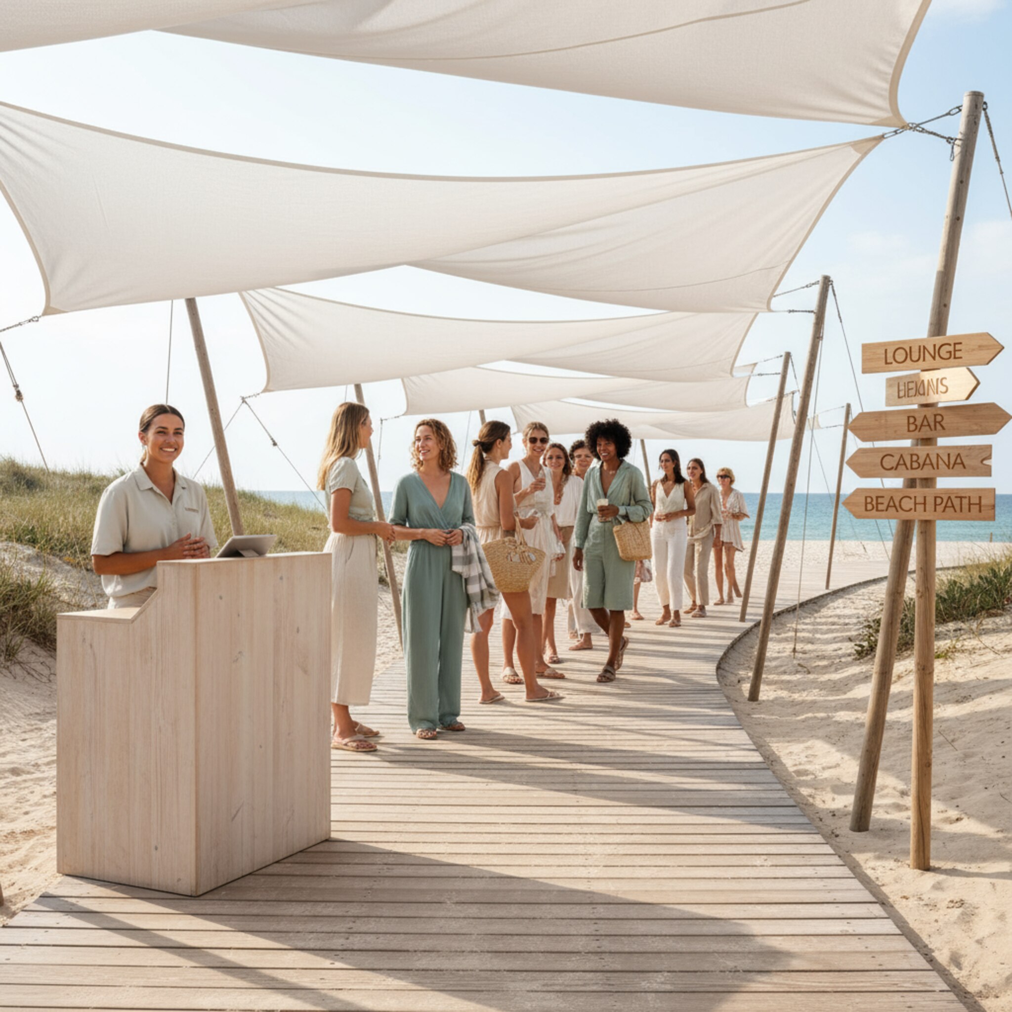 Am Eingang eines strandnahen Decks begrüßt ein Teammitglied ankommende Gäste. Eine dezente Schlange bewegt sich zügig, Sonnensegel spenden Schatten. Im Hintergrund öffnen sich Wege zu verschiedenen Zonen mit klarer Beschilderung. Die Stimmung ist erwartungsvoll, der Ablauf geordnet und freundlich.