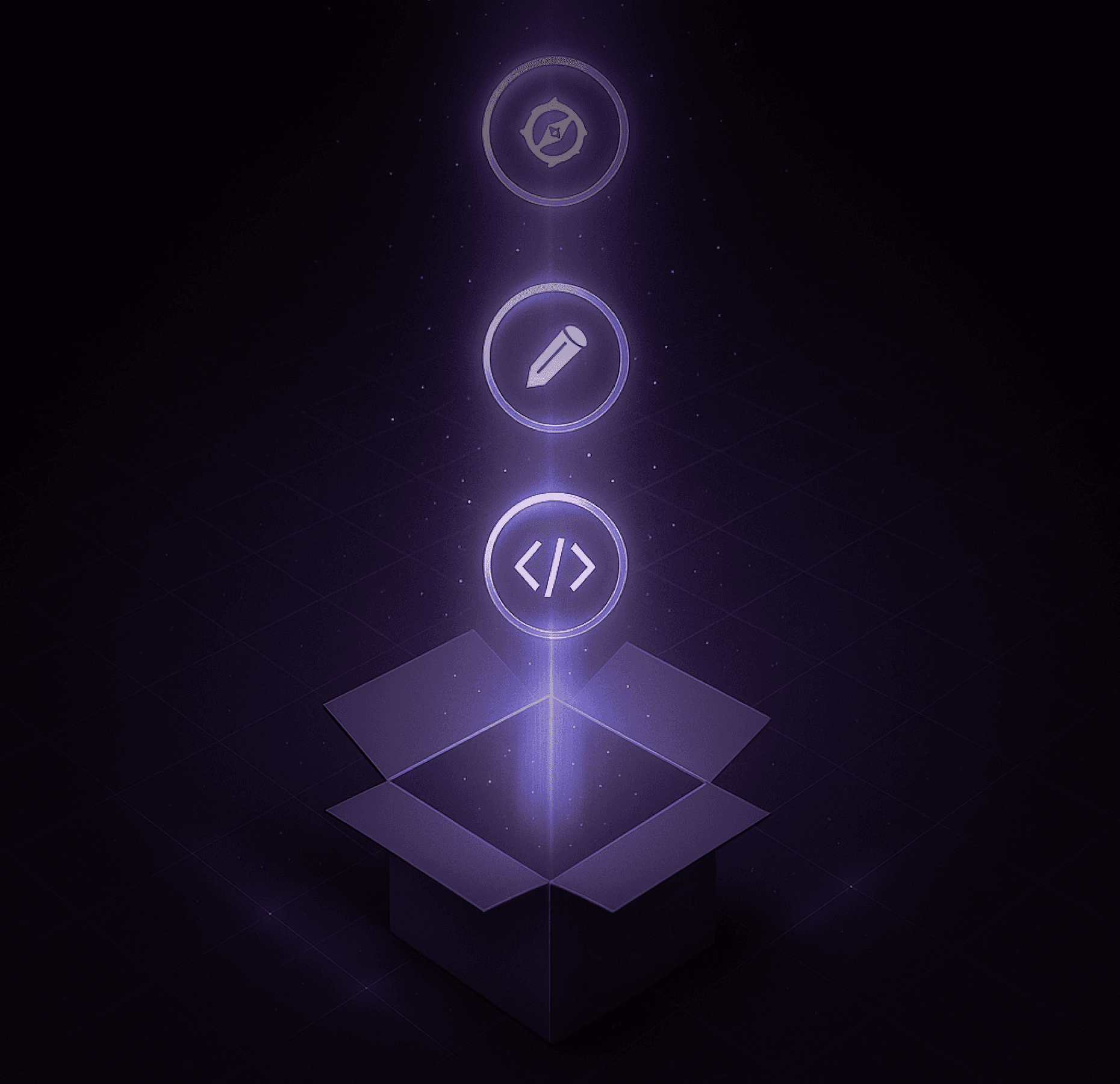 Animated graphic showing glowing purple orbs connected by a light trail, set against a dark background.