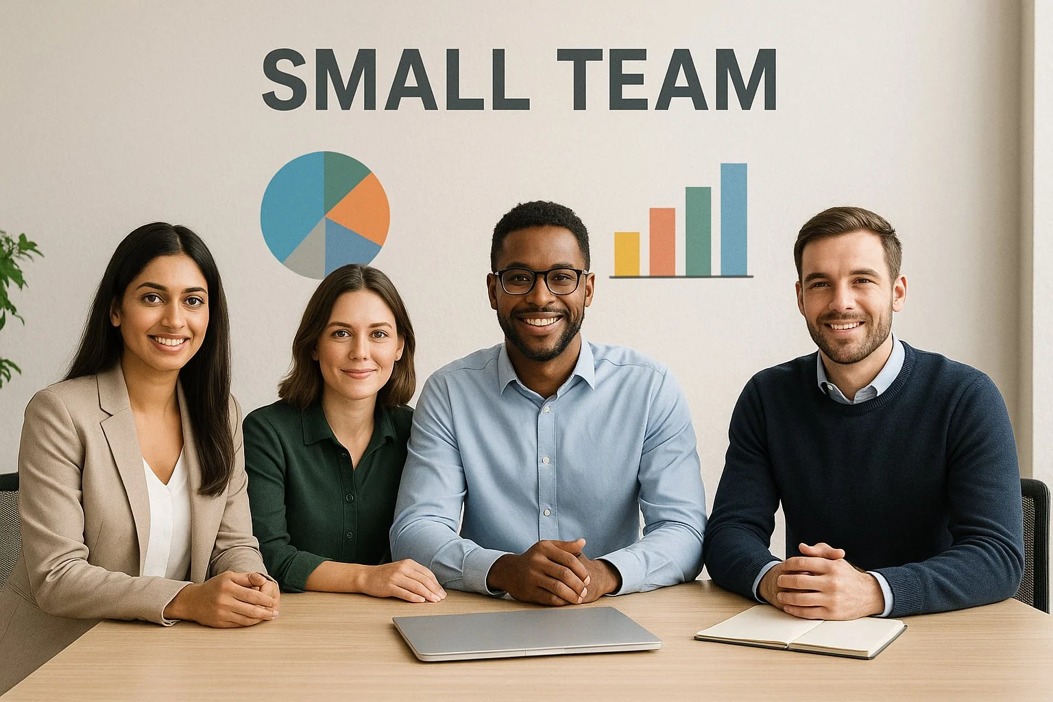 Small team in an abstract office environment, with charts illustrating equal contributions, representing providers suitable for multiple employees.