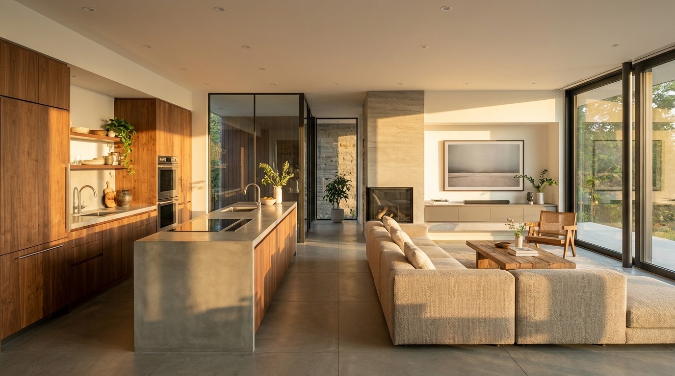 Open-concept kitchen and living area illustrating how AI-designed rooms flow into each other
