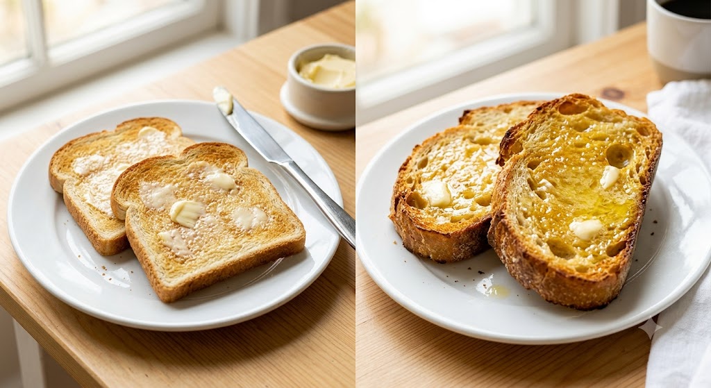 An editorial-style photograph comparing homemade buttered white toast on a simple plate (left) with thick-cut restaurant-style Texas toast featuring visibly melted butter (right).