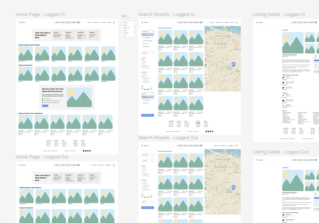 Digital wireframes of the home and search screens for Aventus.