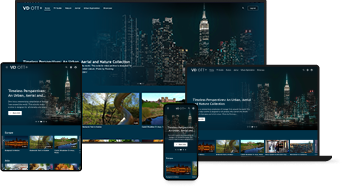 A decorative image showcasing the responsive Videodock OTT website displayed on various devices including a TV, phone, laptop, and tablet.