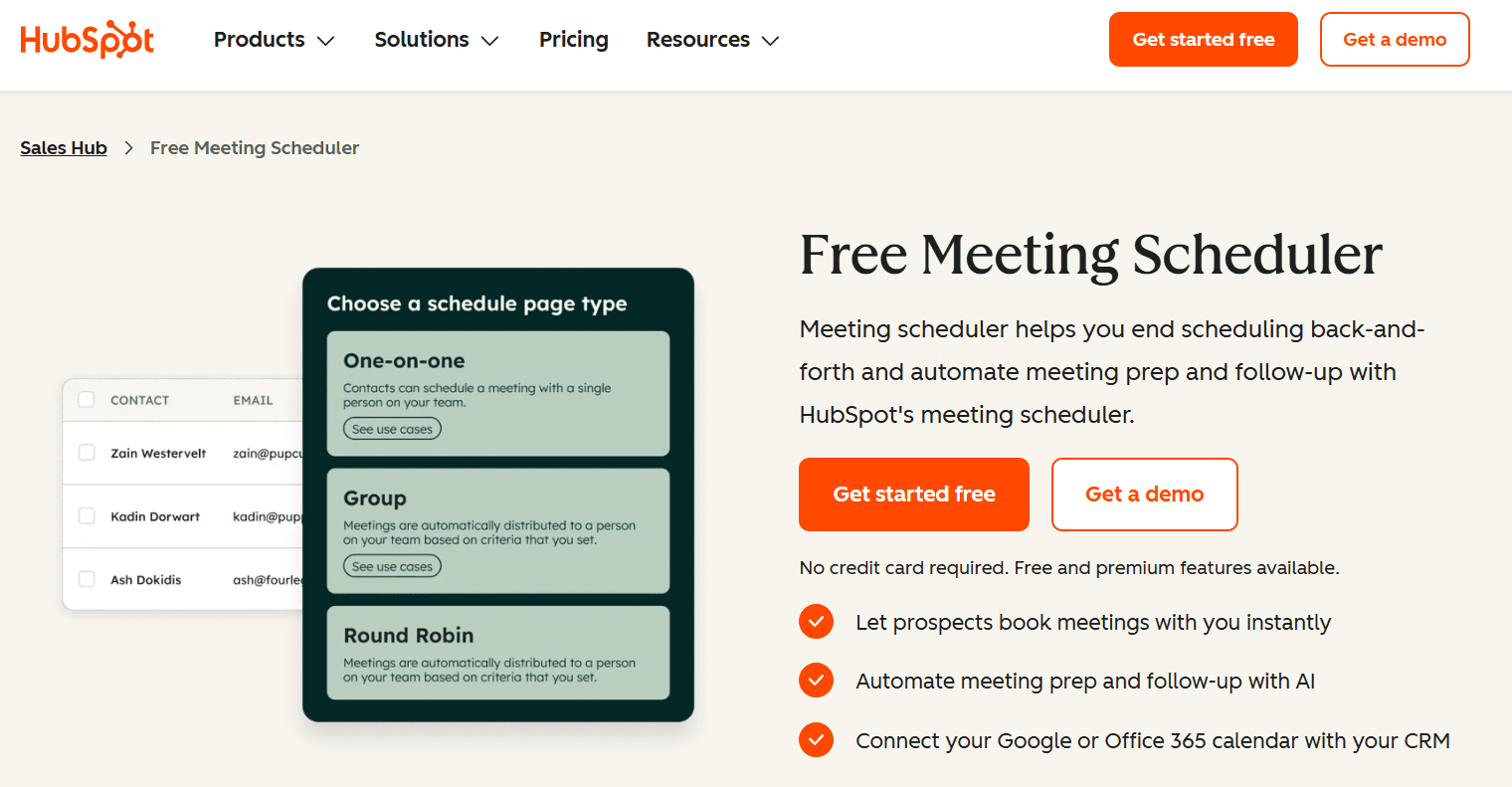 Homepage screenshot of HubSpot Meeting Scheduler showcasing navigation bar and hero section