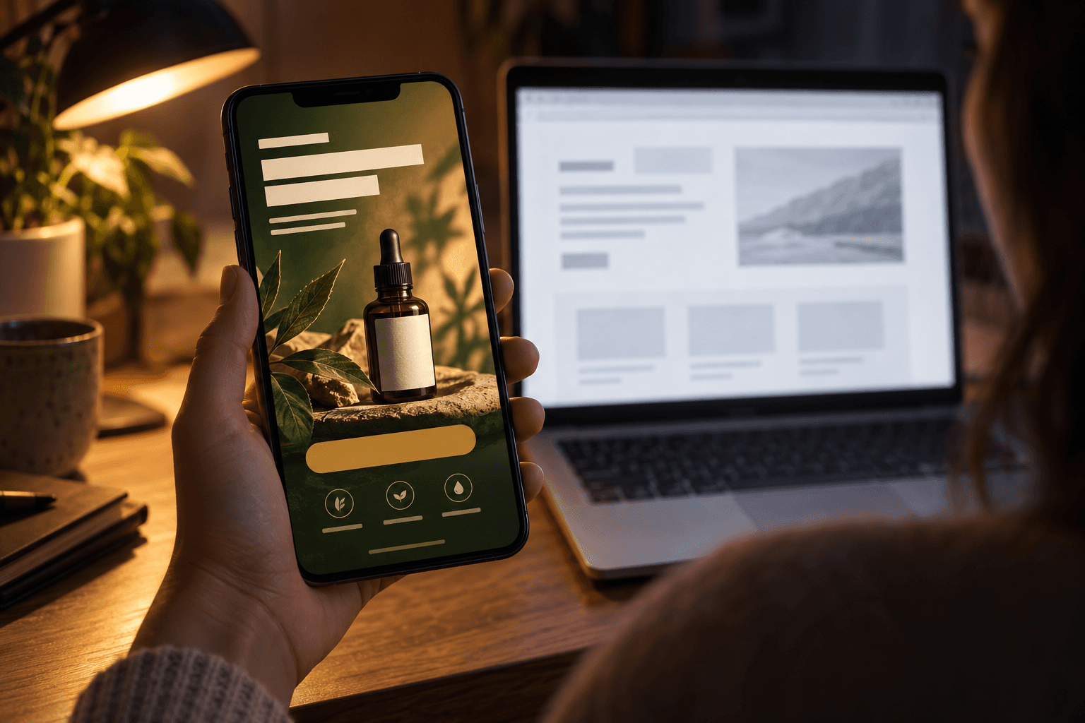 A branded product ad on a phone held in front of a generic, off-brand landing page on a laptop, the mismatch problem AI website tools create for DTC brands