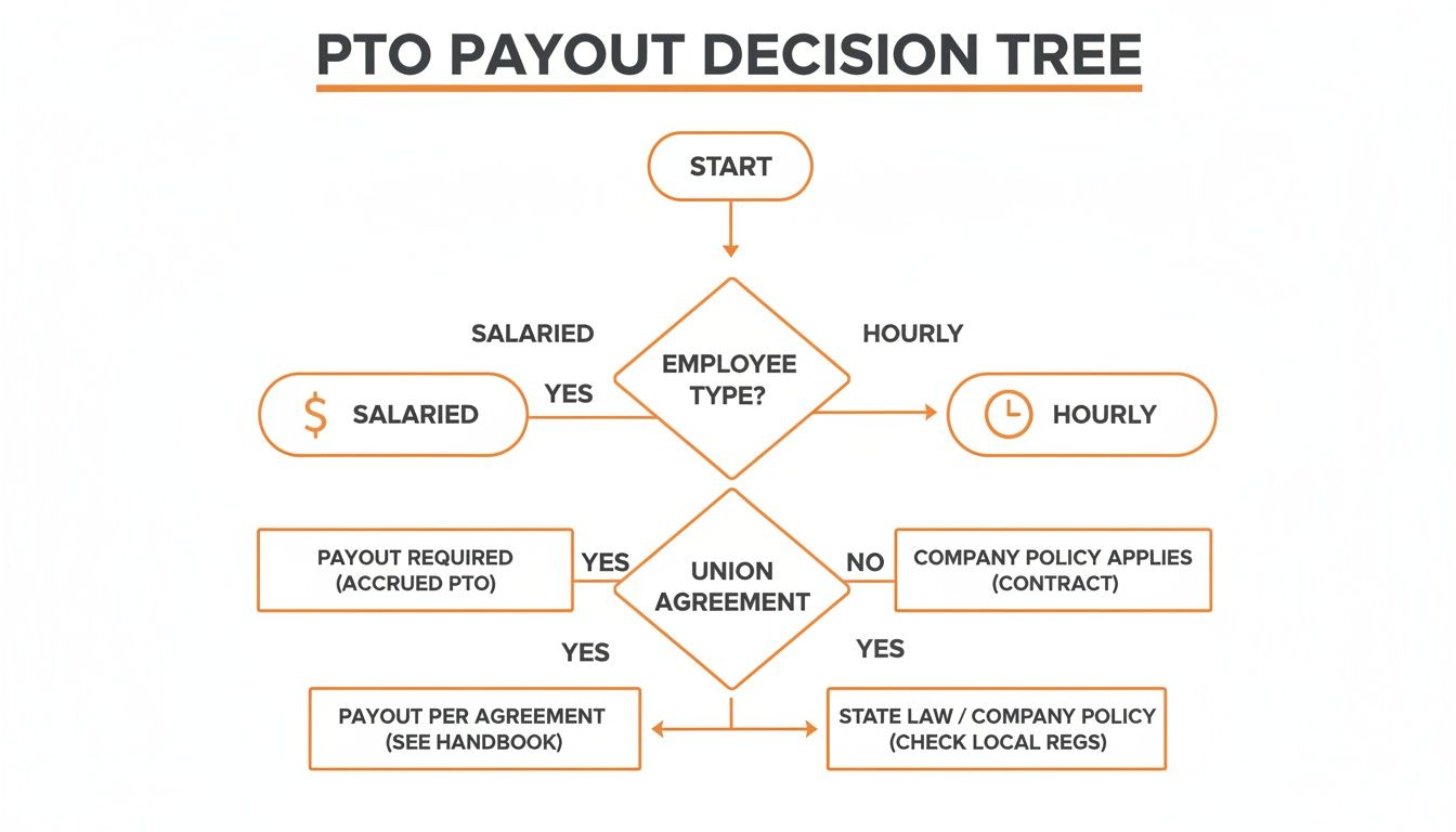 A PTO payout decision tree flowchart shows steps for salaried vs. hourly employees and union agreements.