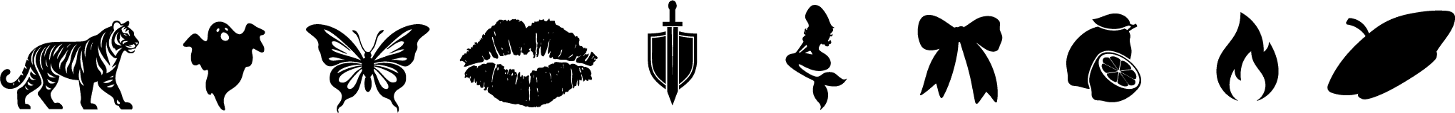 Graphic Silouettes (tiger, ghost, butterfly, kiss, sword, mermaid, bow, lemon, flame, beret)