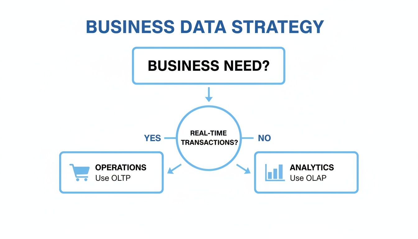 Flowchart for business data strategy, distinguishing OLTP for operations and OLAP for analytics based on transactions.