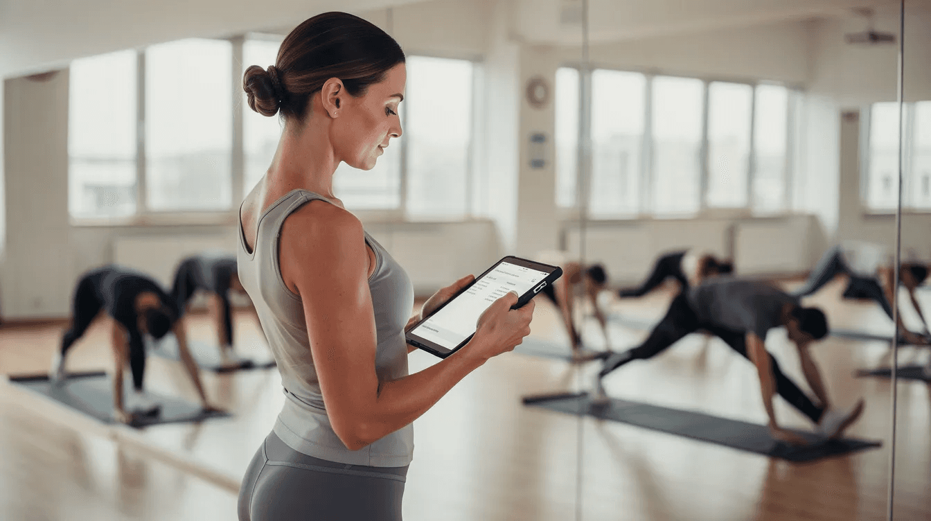 A dance instructor stands in a studio, intently looking at a tablet device while students are seen stretching in the background. This setting highlights the importance of effective dance studio management software for class booking and payment processes.