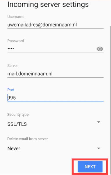 Schermafbeelding: Uitgaande mailserver (SMTP) (E-mail instellen op Android)