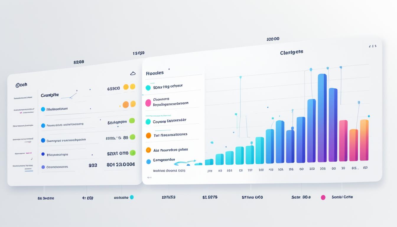 Visualize the impact of Instagram Story analytics by showing a graph with a rising trend line, representing an increase in views and engagement. Surround the graph with colorful bars, each representing different metrics such as impressions, reach, and clicks. Use bold, contrasting colors to highlight the most significant data points. Add subtle details like small icons and symbols that represent the platform's features, like hashtags, stickers, and stories. Give the image an overall modern and professional look.