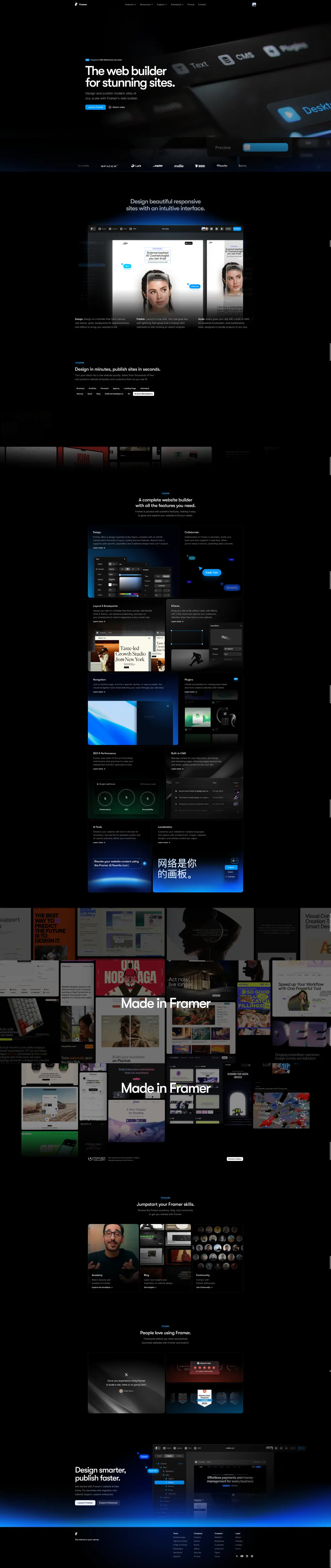 Framer landing page screenshot showcasing Design and Tech design