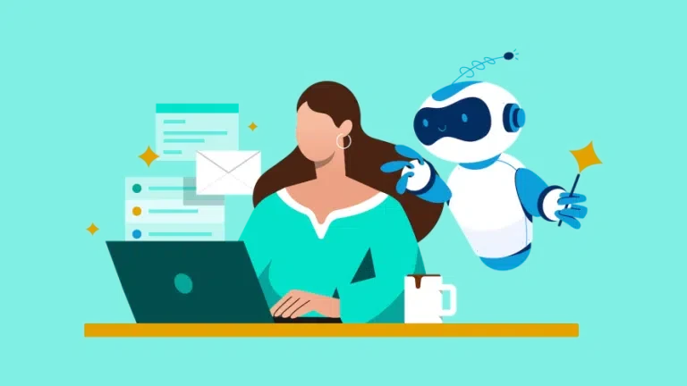 Illustration einer Marketerin am Laptop, unterstützt von einem KI-Roboter mit E-Mails und Anzeigen