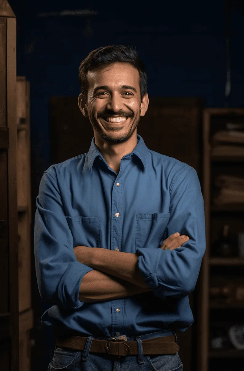 Smiling man in a blue button-up shirt standing with folded arms in a warmly lit indoor workspace.