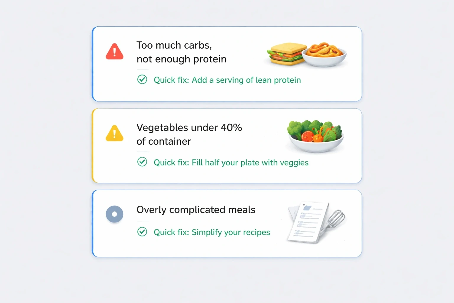 Modern card layout on a light gray background illustrating common lunch packing mistakes and simple fixes, using accent color #3b82f6.
