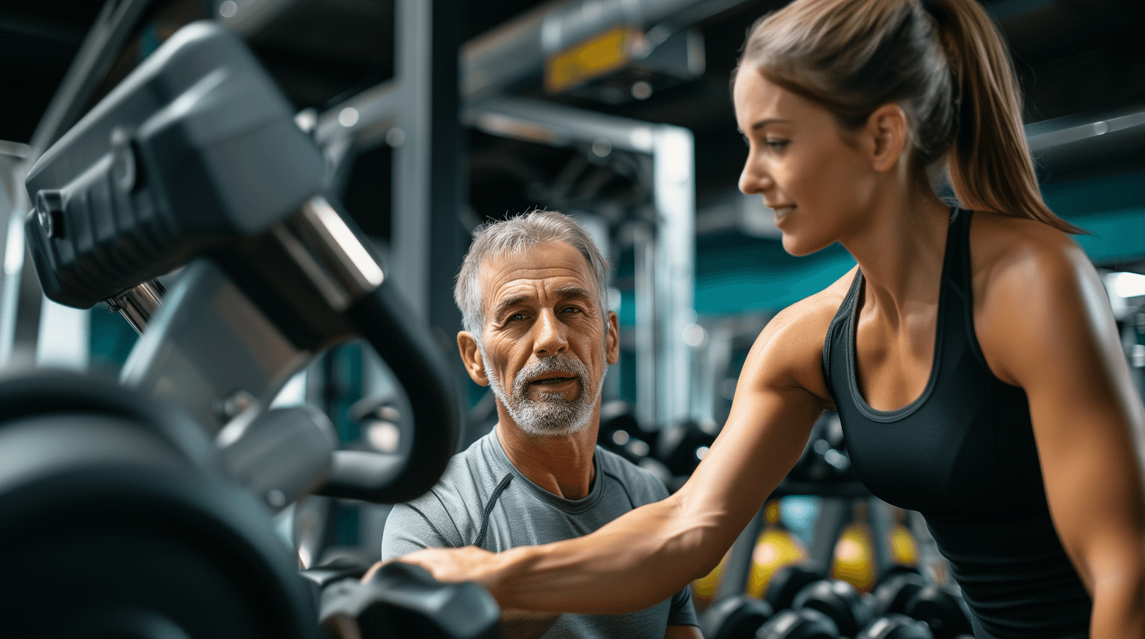 A woman showcasing a 7-day gym workout instruction with a trainor. 