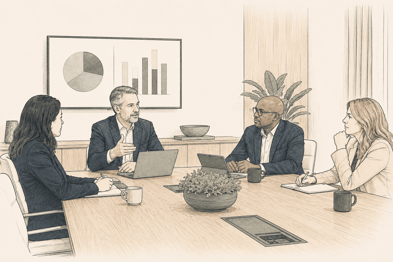 Business leaders reviewing strategy together