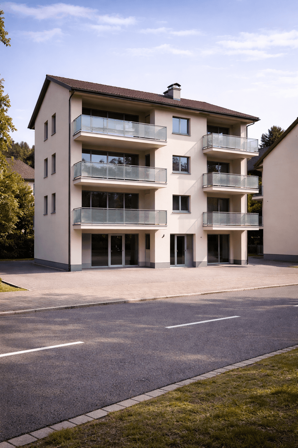 Modern house exterior with a pool and outdoor dining area.