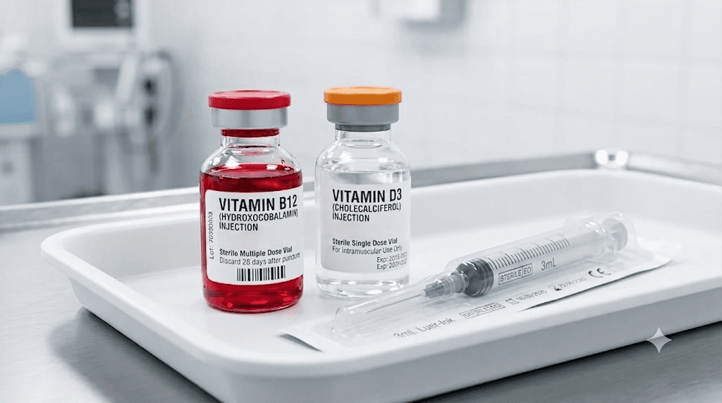 A detailed, macro photograph of two sterile medical vials—one containing the distinct, vibrant red liquid characteristic of Vitamin B12, and the other a clear solution for Vitamin D—resting on a spotless white medical tray alongside a sealed sterile syringe. Crisp, clean clinical lighting emphasizes product purity and medical-grade wellness standards.