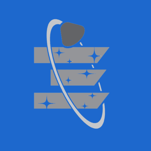A white icon on a blue background