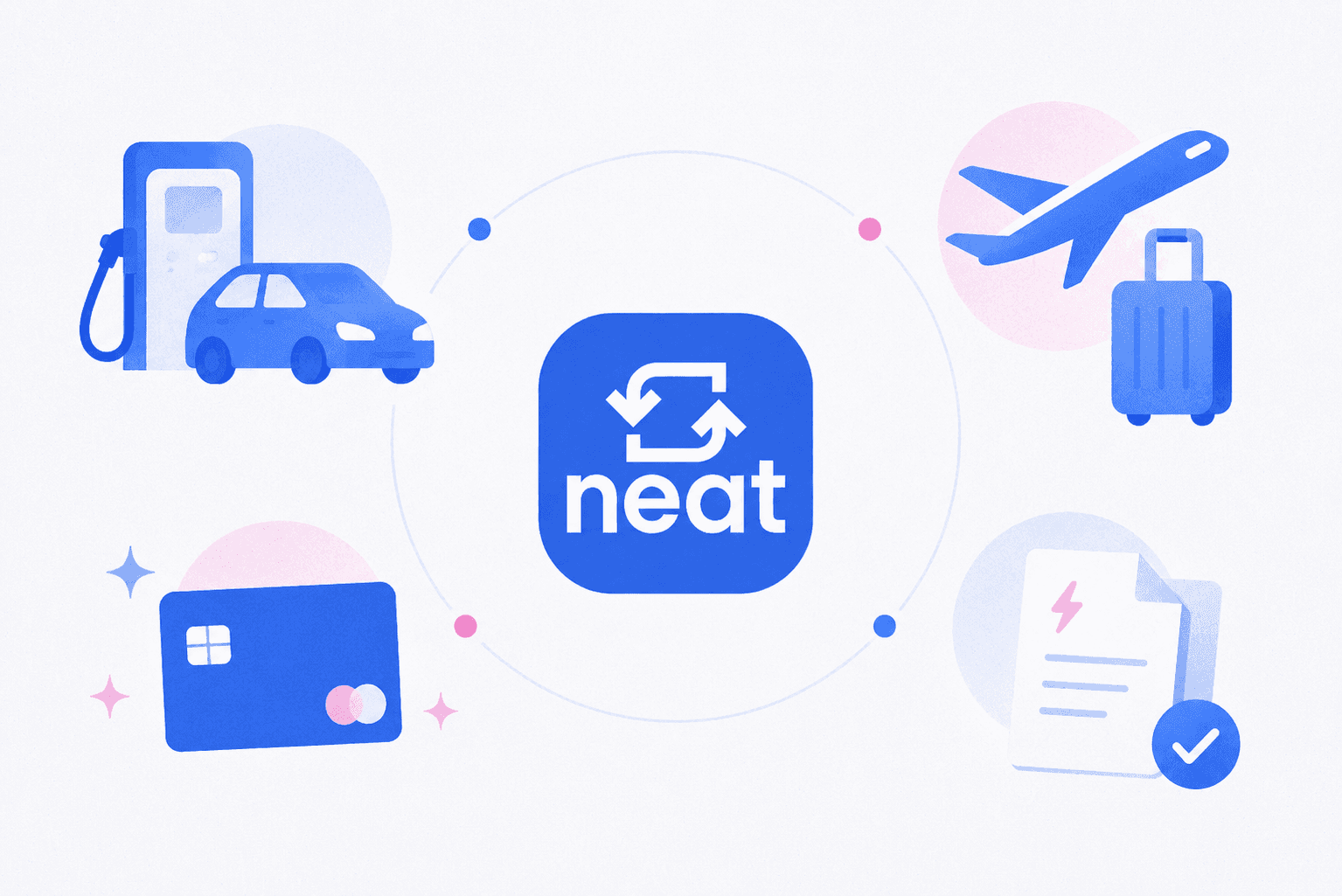 Composición editorial de objetos representando los beneficios consolidados de Neat: tarjeta de crédito magenta como centro, factura, surtidor de bencina, monedas y avión papel en cobalto y marino sobre fondo crema, con wordmark Neat en la esquina.