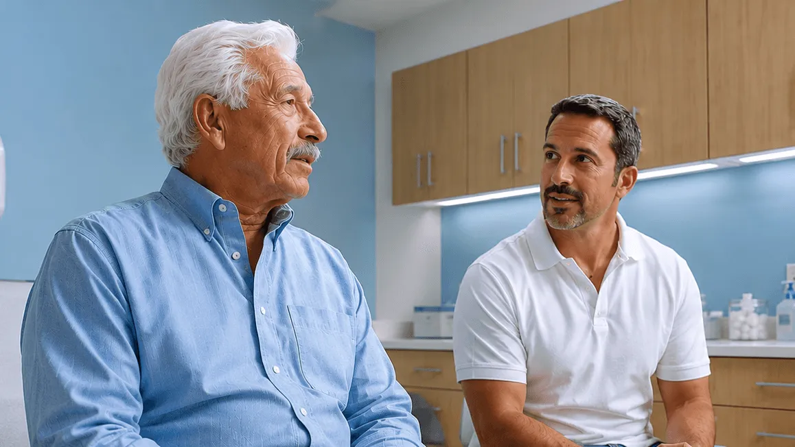 Elderly man and physician talking in an exam room.