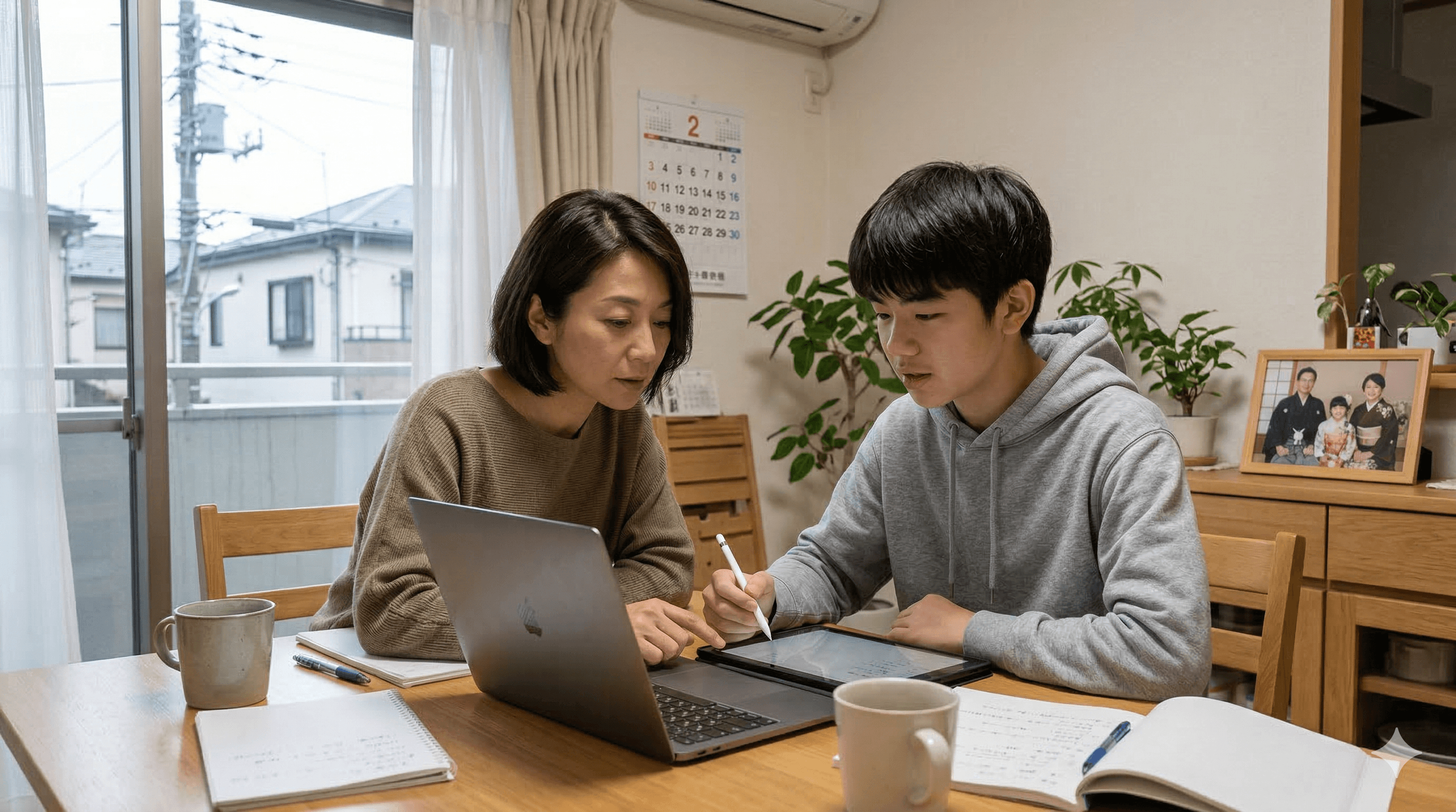 A teen and an adult are focused on a digital tablet and laptop at a wooden table in a cozy, plant-adorned room, suggesting collaboration on the "OpenAI Japan Teen Safety Blueprint: What’s New" project.