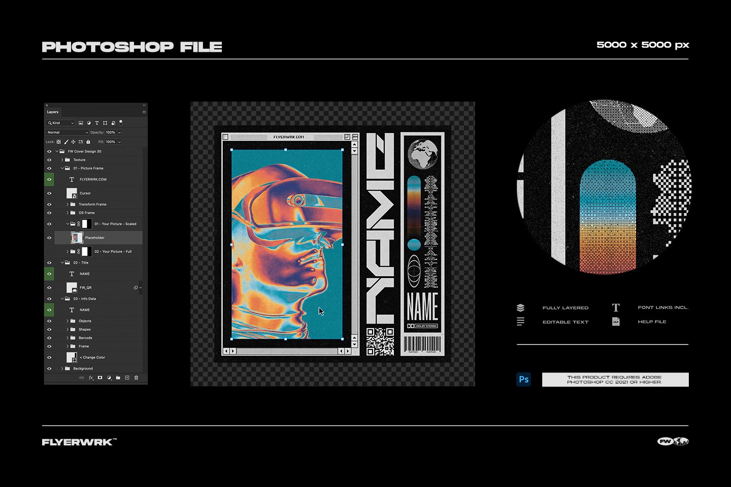 Cyberpunk style cover design template with virtual reality graphics and technical brutalist typography details