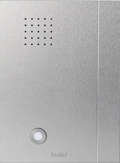 Black smart home device with screen showing time and temp