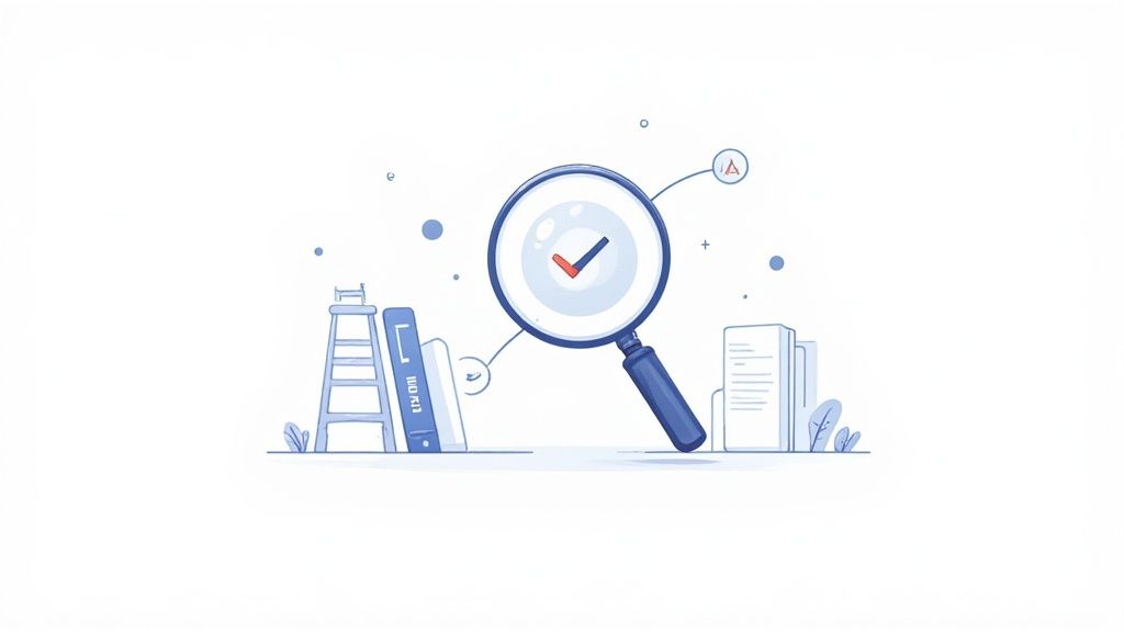 A blue illustration of a magnifying glass with a checkmark, surrounded by books and a ladder, symbolizing successful research.