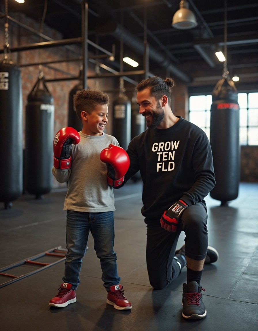 Ten Fld trainer with child teaching boxing for youth