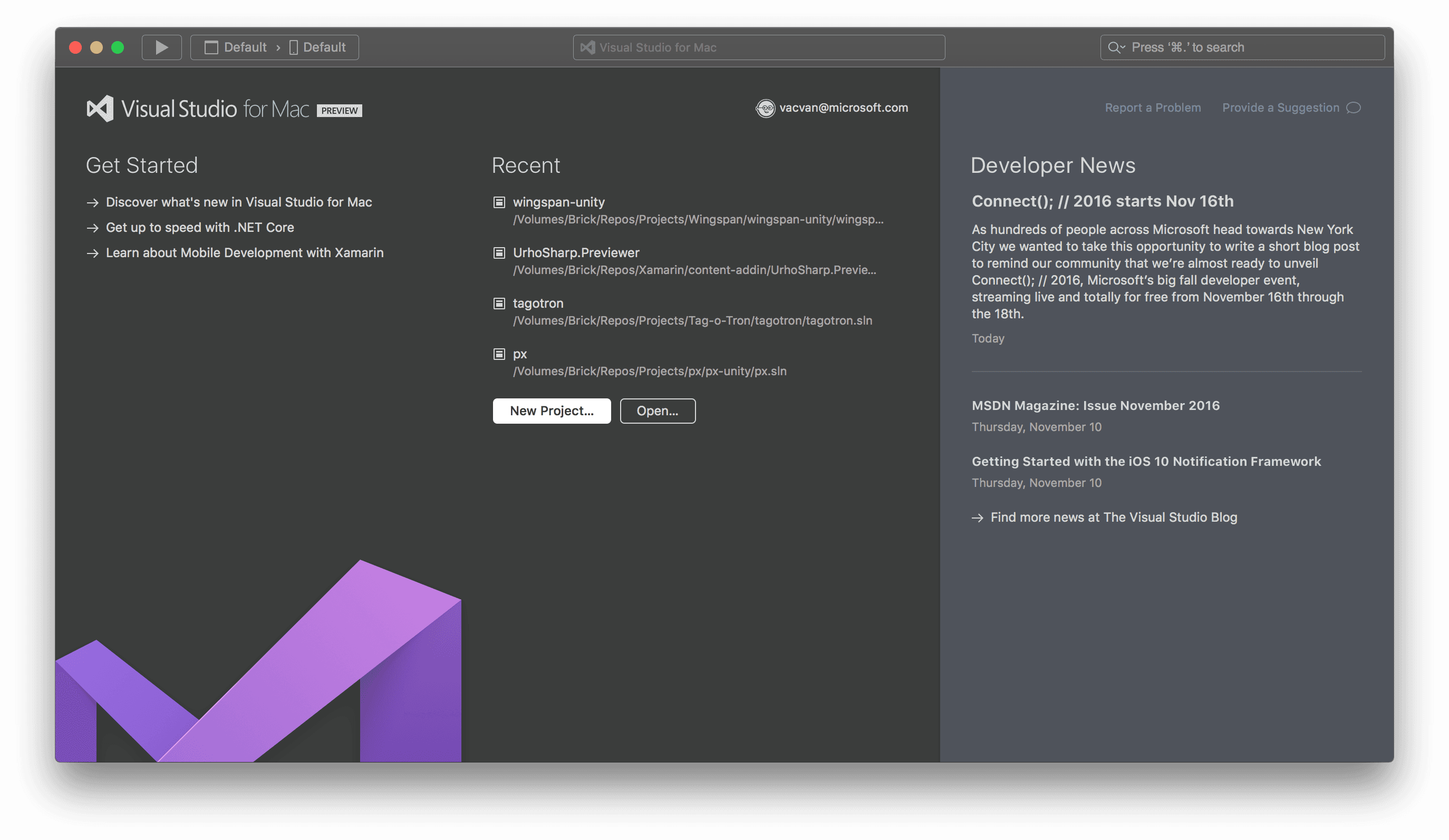 Final design of the Welcome Screen in Visual Studio for Mac in the dark UI theme