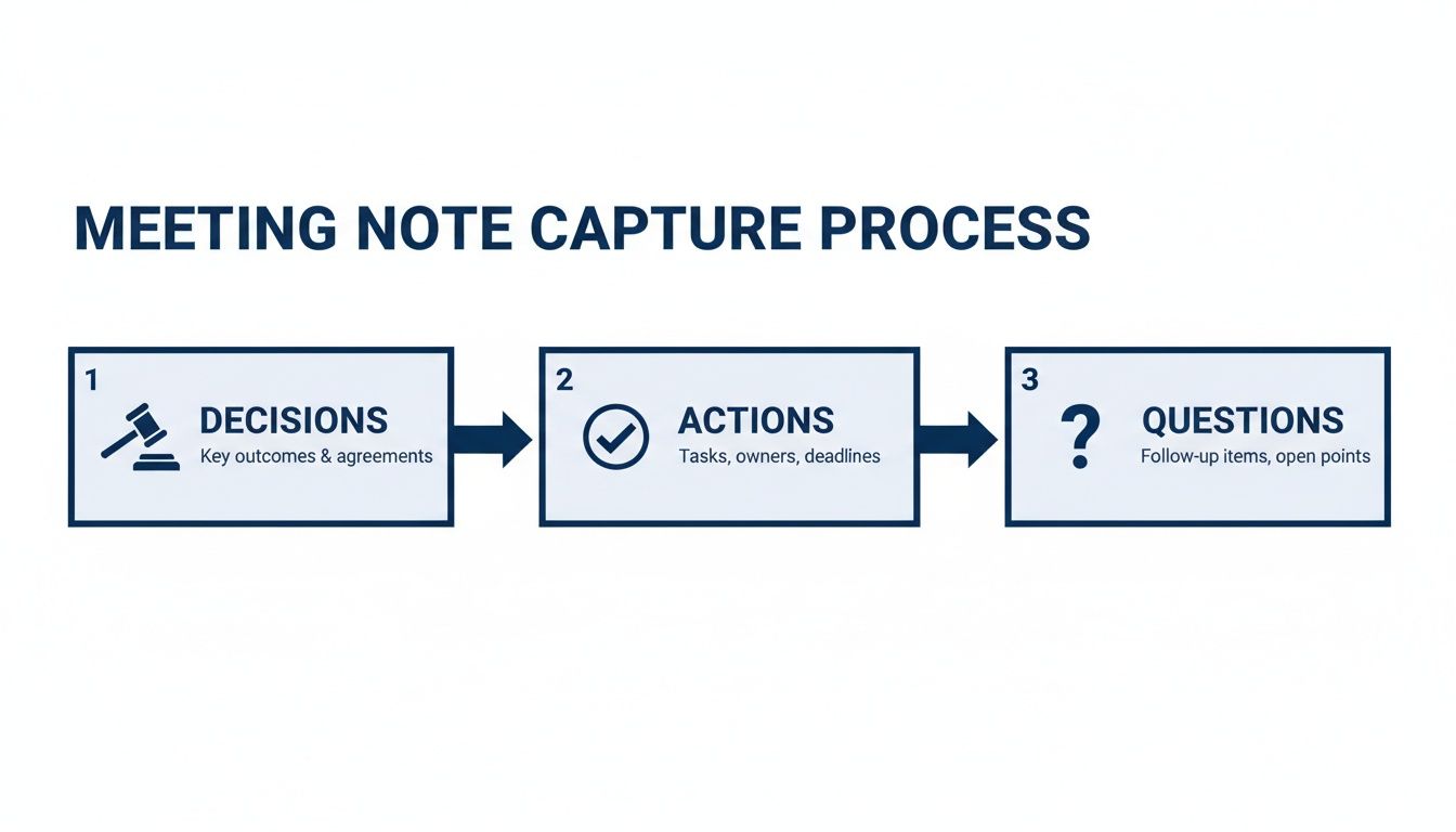 Flowchart illustrating a meeting note capture process with three sequential steps: Decisions, Actions, and Questions.