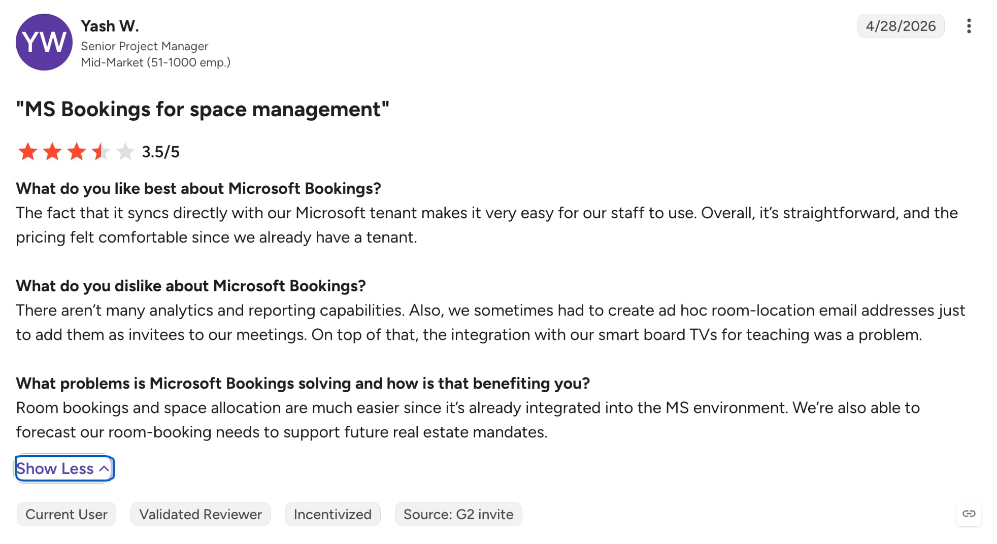 G2 review mentioning Microsoft booking lack of analytics