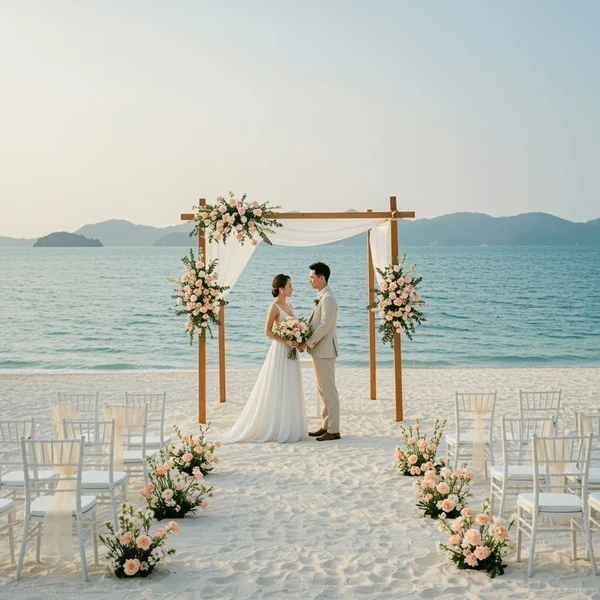 Beautiful beach wedding ceremony with a couple standing under an archway adorned with flowers, white chairs line the sandy aisle.