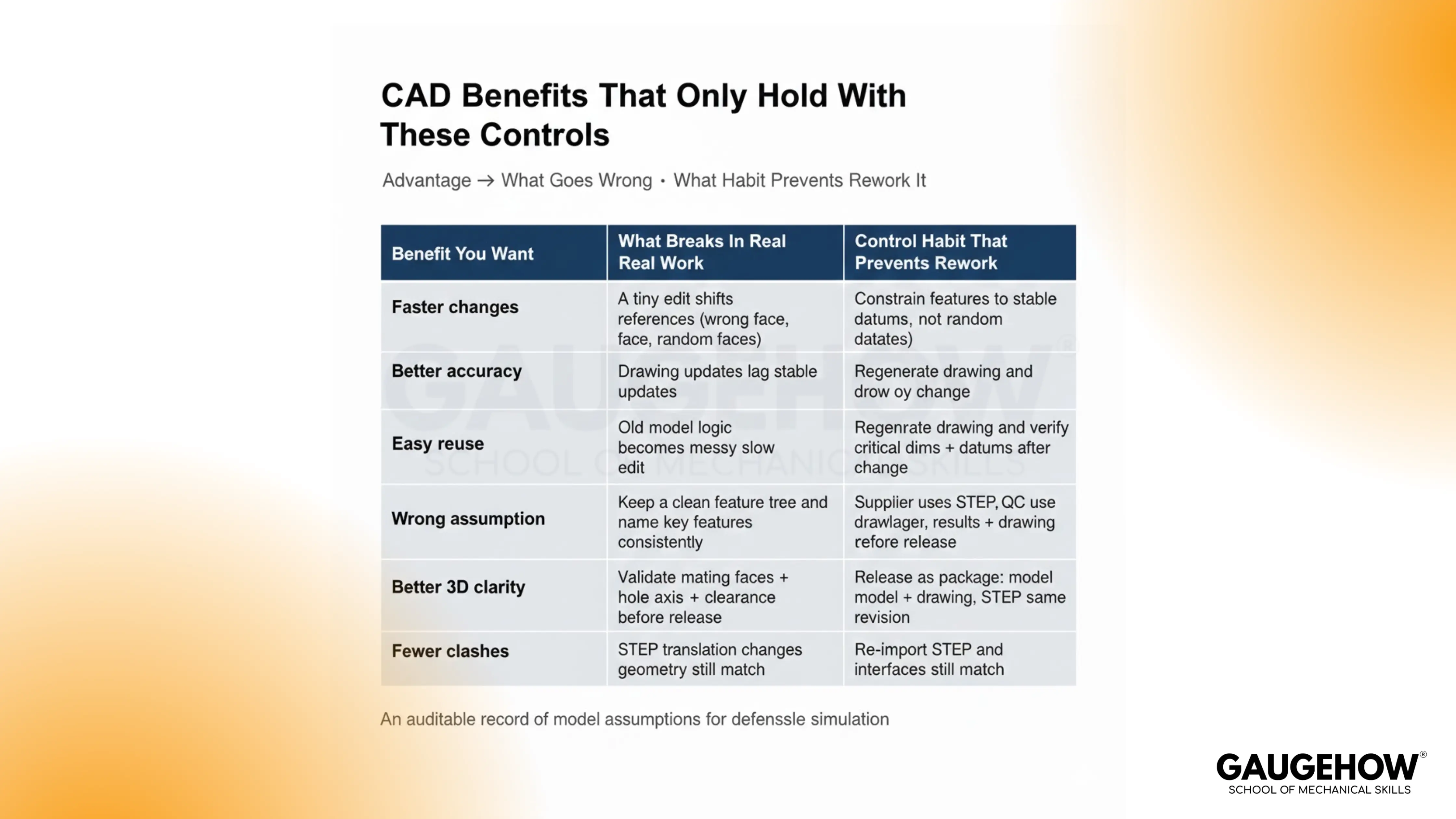 CAD benefits table linking real work failures to control habits 