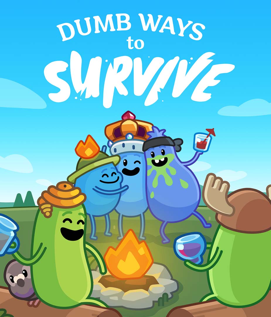 Colorful key art for Netflix’s Dumb Ways to Survive featuring quirky game characters around a campfire, part of the go-to-market visual toolkit created for the game’s launch.