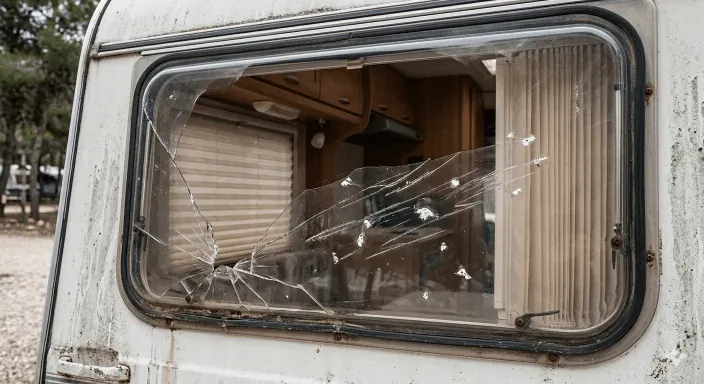 Ventana lateral abatible de metacrilato de una autocaravana dañada, elemento que debe cubrir la garantía de lunas.