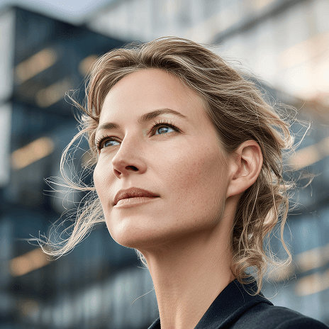 A woman in business attire looks confidently into the distance, with a modern glass office building in the background, conveying ambition and determination.