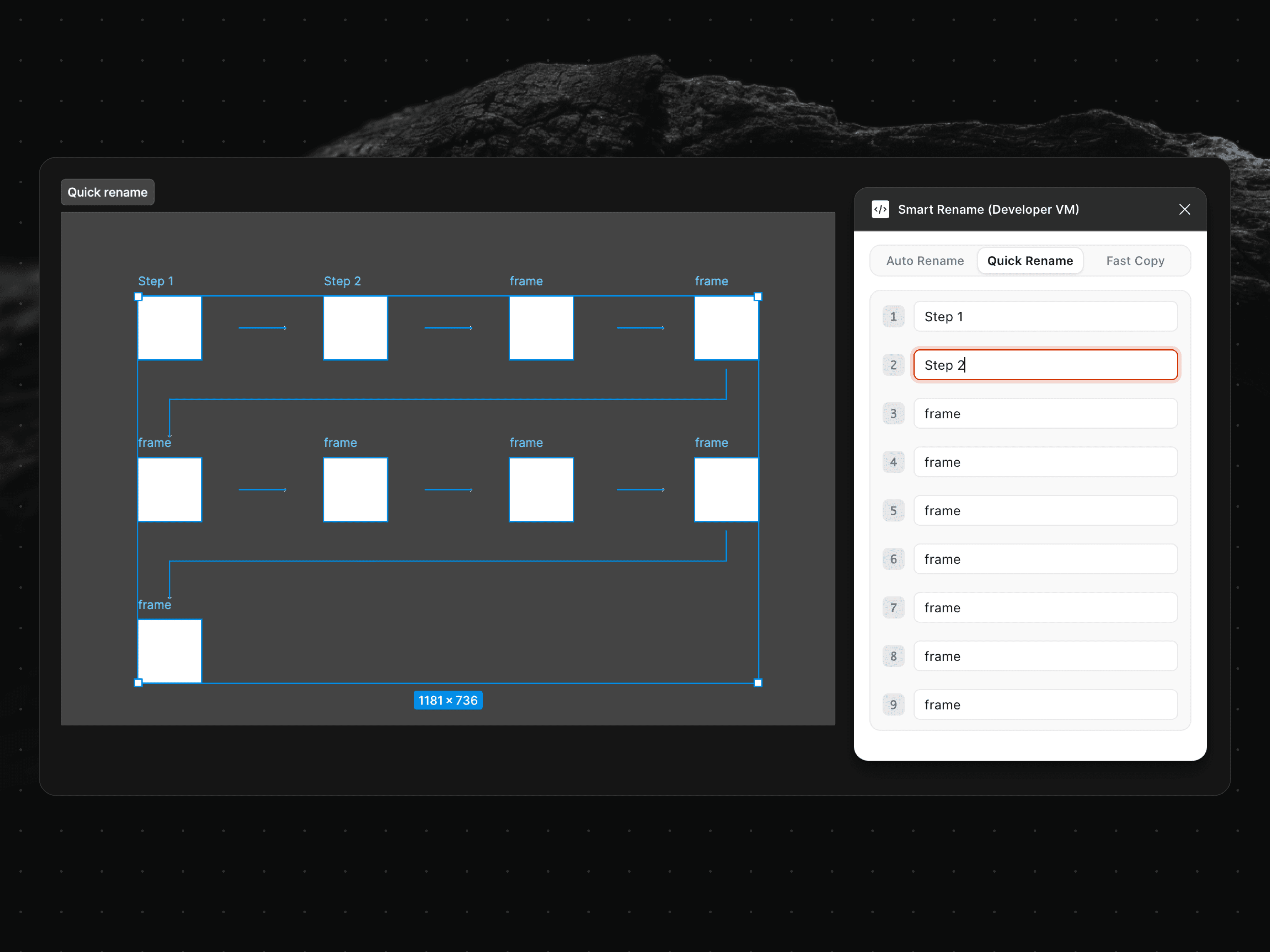 Quick Rename pulls every selected frame into a single panel, so a run of screens can be numbered in sequence without opening each on the canvas.