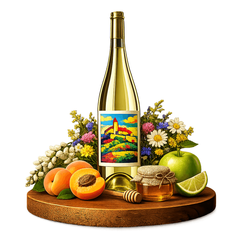 Artistic label and flavor profile for Zakarpattia White Blend on a rustic wooden table.