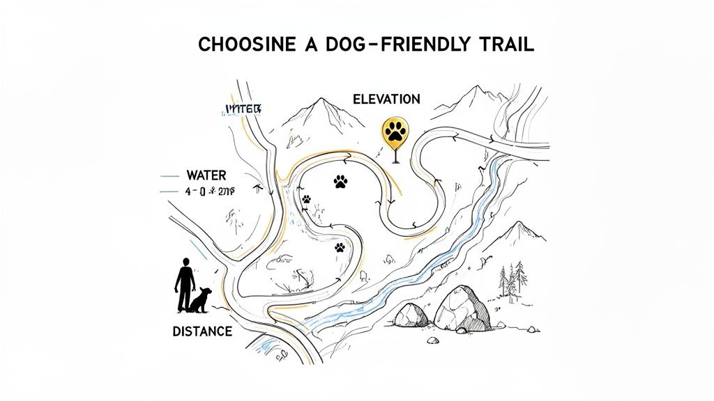 Hand-drawn map illustrating factors for choosing a dog-friendly hiking trail, including water, distance, and elevation.