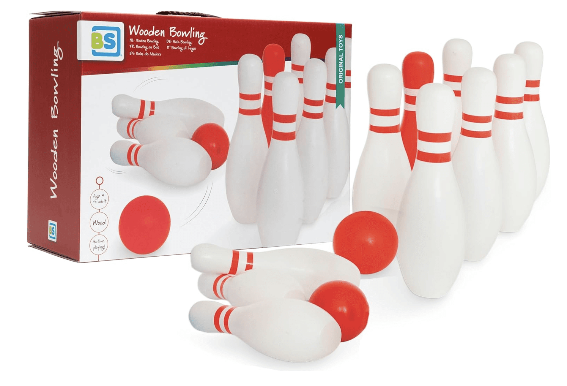 BS Toys Red & White Wooden 10 Pin Bowling Set