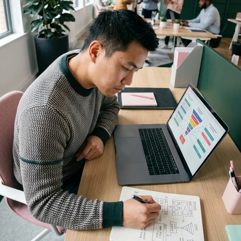 Consultant DAJM travaillant à son bureau sur un schéma d'arborescence complexe, illustrant notre expertise en "Sites web et expérience digitale" pour structurer une architecture de l'information claire et efficace.