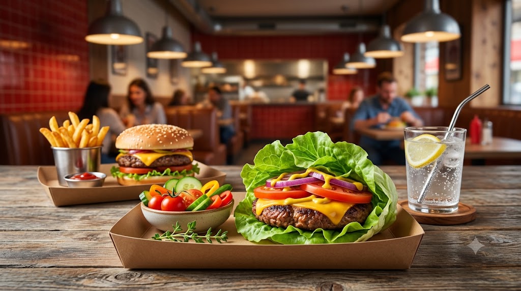 A side-by-side comparison of a healthy lettuce-wrapped burger with fresh vegetables and a classic cheeseburger with fries in a modern restaurant setting.