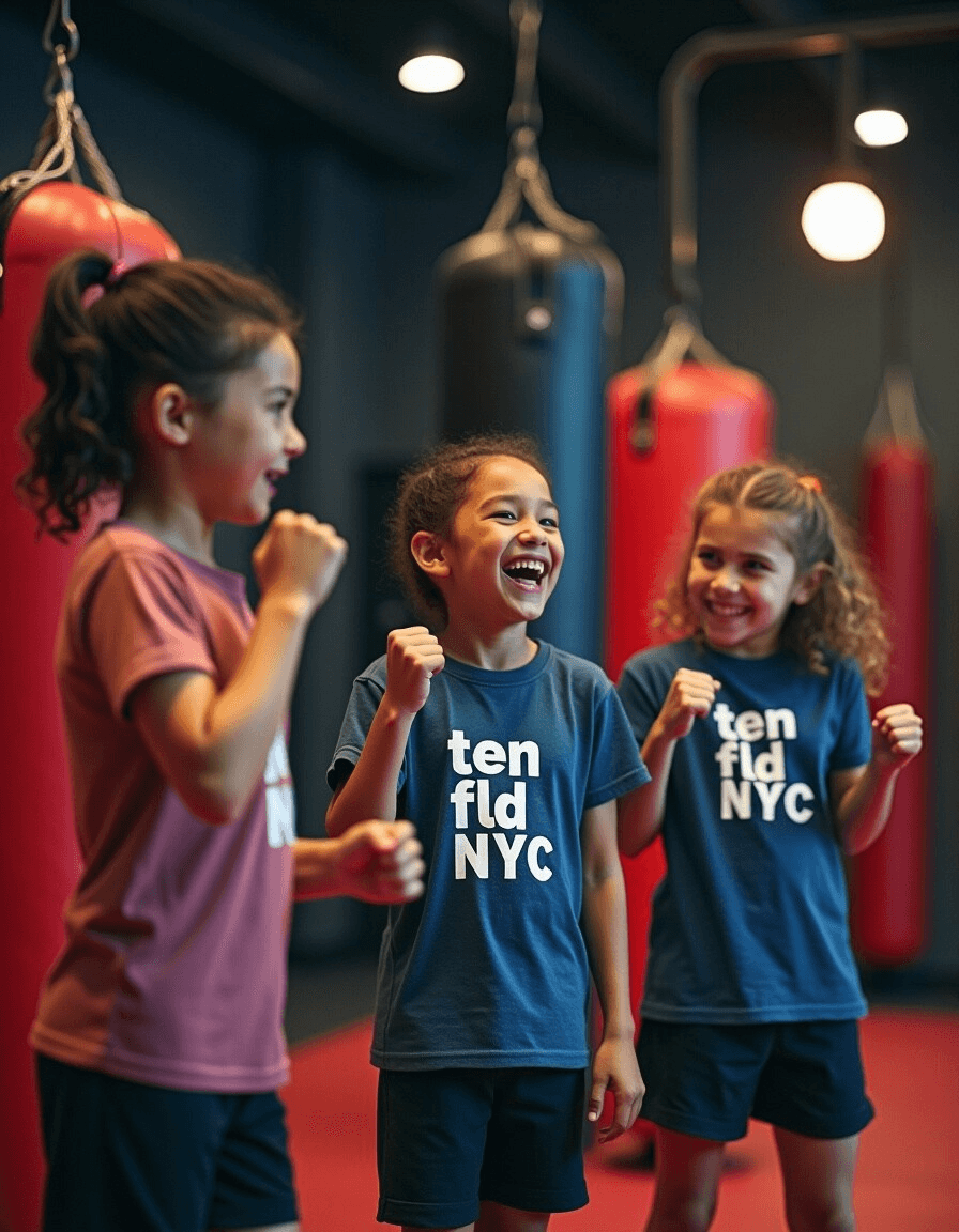 Three pre teen girls in a boxing class together laughing and enjoying class