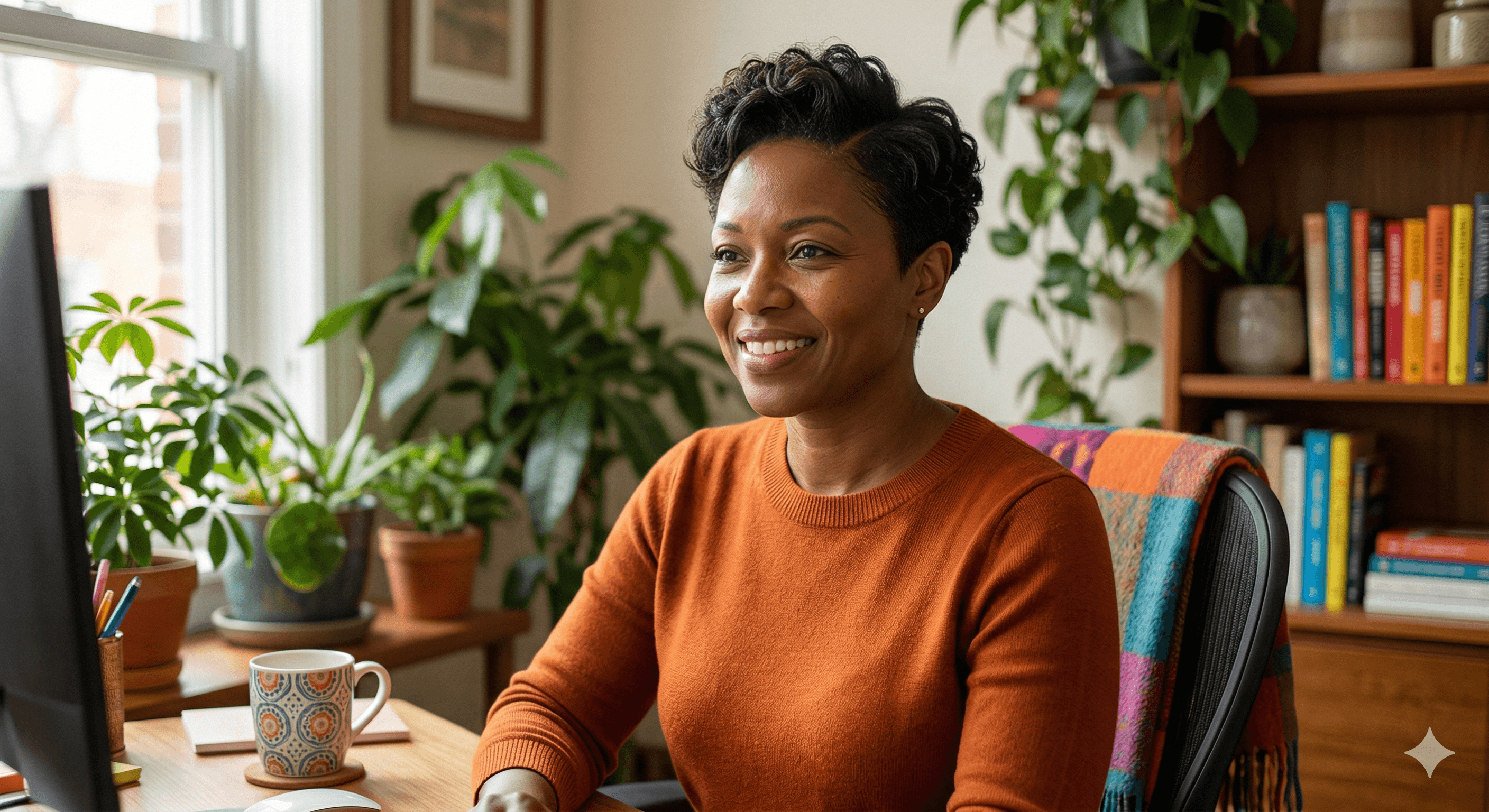 Black woman sitting in home office, wearing a burnt orange sweater looking at computer