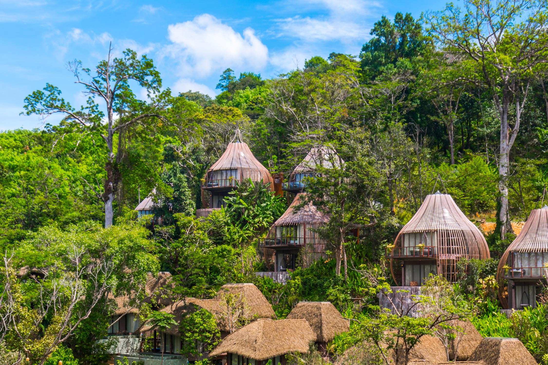 Round thatched-roof huts with glass walls nestled among lush green trees and tropical foliage under a blue sky.